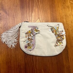 NWOT Anthropologie Ivory Velvet J Monogram Beaded Sequin Embroidered Zip Pouch